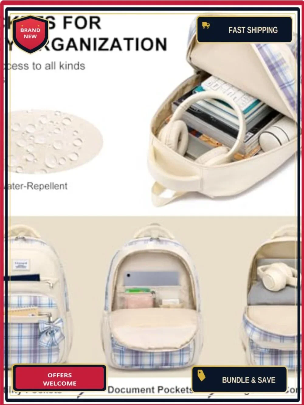 Vintage Plaid Laptop Backpack for Women Girls, 15.6 Inch, Water Resistant, Cute
